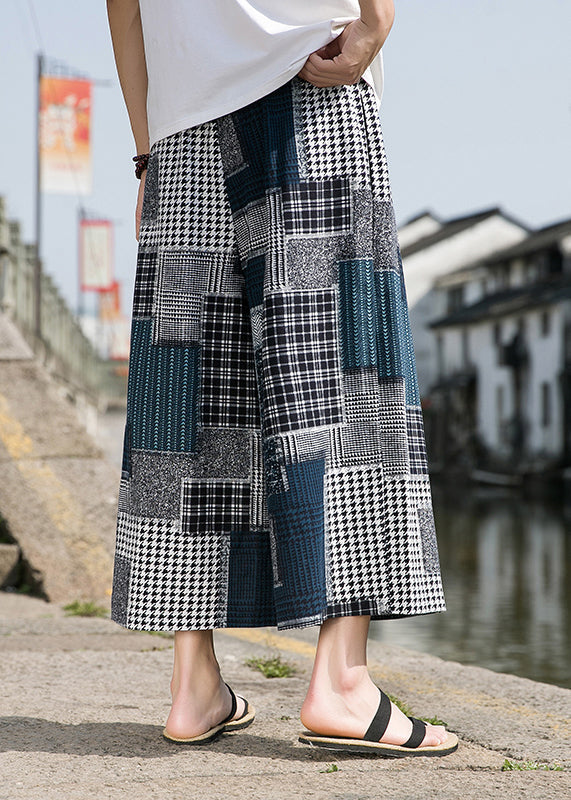Blue Pockets Print Ice Silk Crop Pants Summer