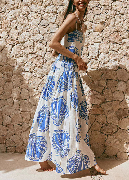 Blue Print Long Spaghetti Strap Dress Summer