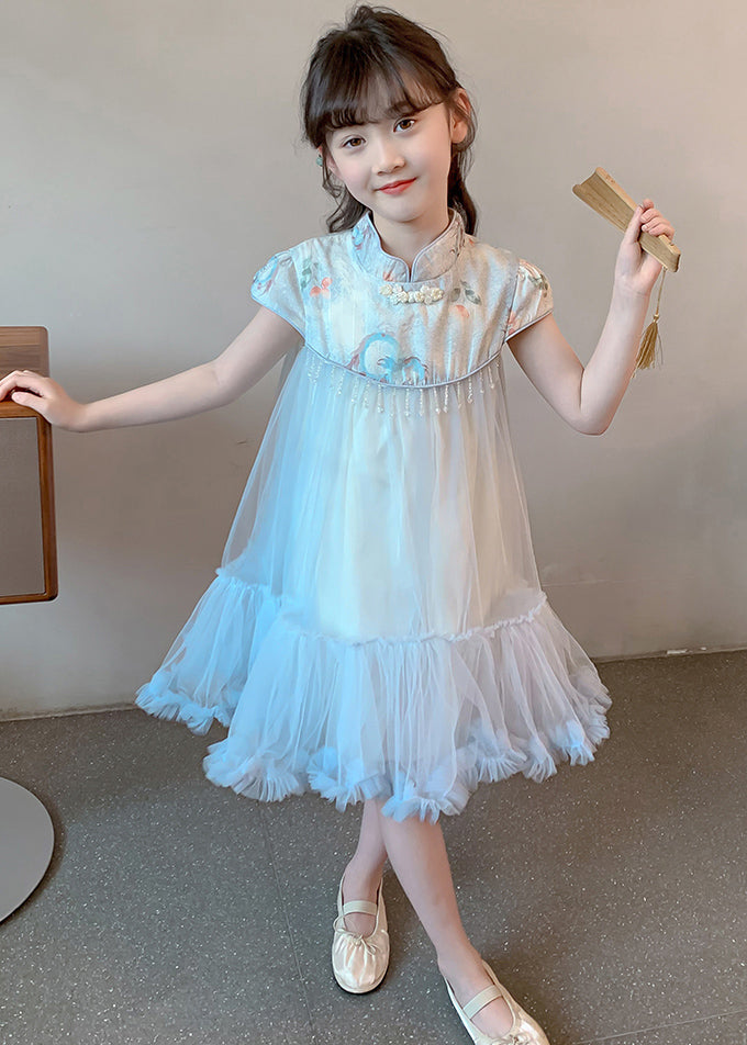 Blue Print Patchwork Tassel Tulle Kids Long Dresses Summer