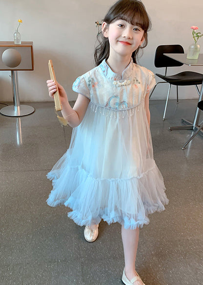 Blue Print Patchwork Tassel Tulle Kids Long Dresses Summer