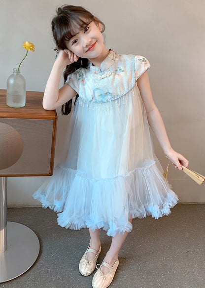 Blue Print Patchwork Tassel Tulle Kids Long Dresses Summer