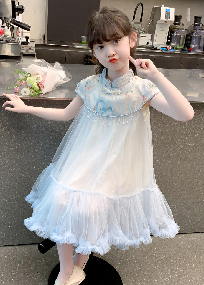 Blue Print Patchwork Tassel Tulle Kids Long Dresses Summer