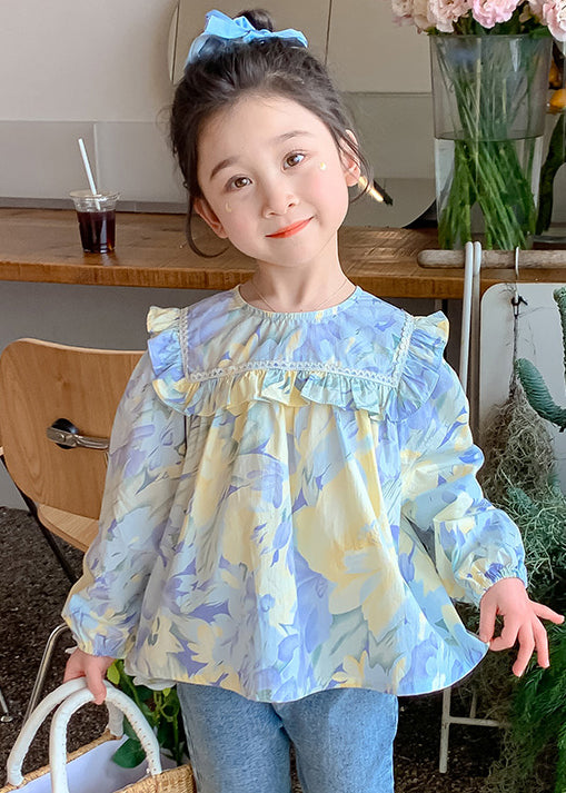 Blue Ruffled Print Cotton Blouses Spring