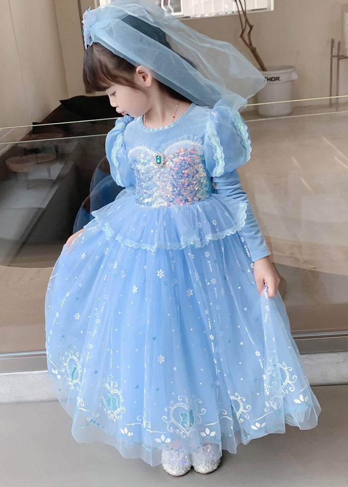 Blue Ruffled Sequins Patchwork Tulle Kids Princess Dresses Fall