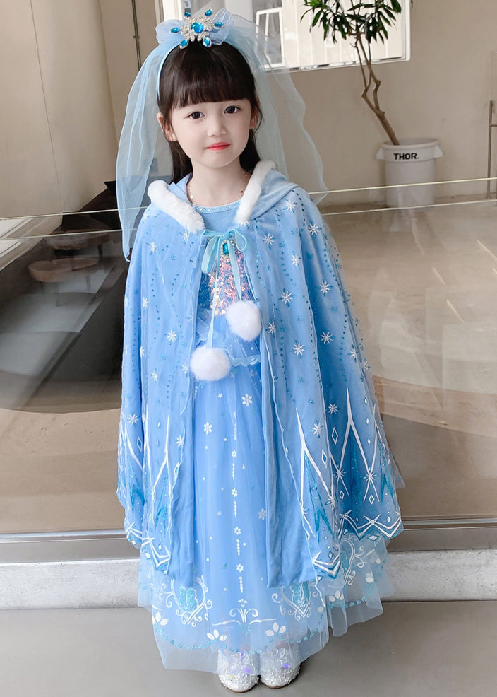 Blue Ruffled Sequins Patchwork Tulle Kids Princess Dresses Fall