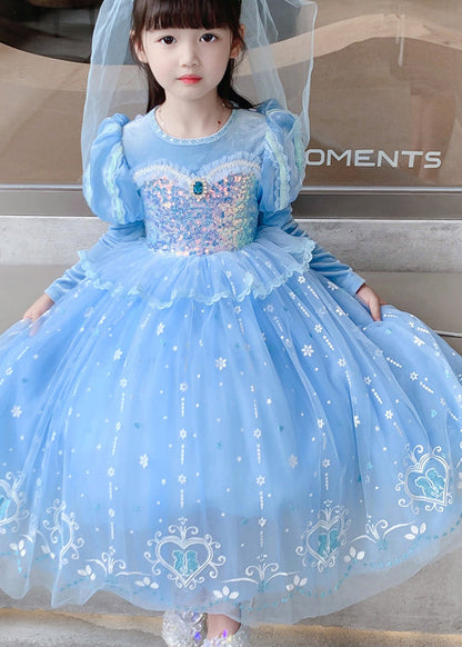 Blue Ruffled Sequins Patchwork Tulle Kids Princess Dresses Fall