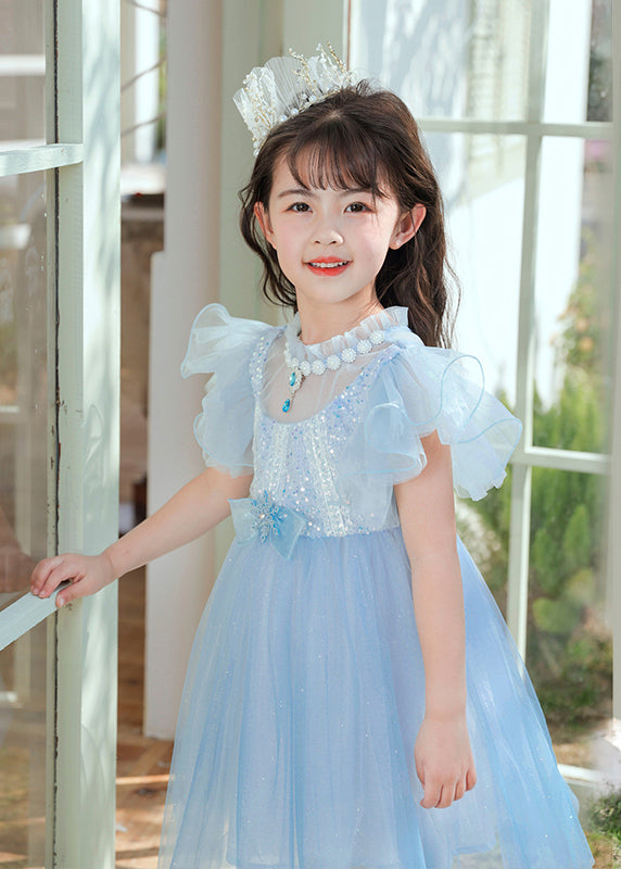 Blue Sequins Patchwork Bow Tulle Kids Maxi Dresses Butterfly Sleeve