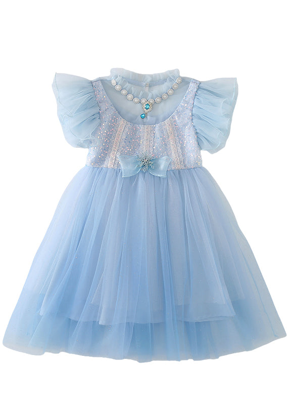 Blue Sequins Patchwork Bow Tulle Kids Maxi Dresses Butterfly Sleeve