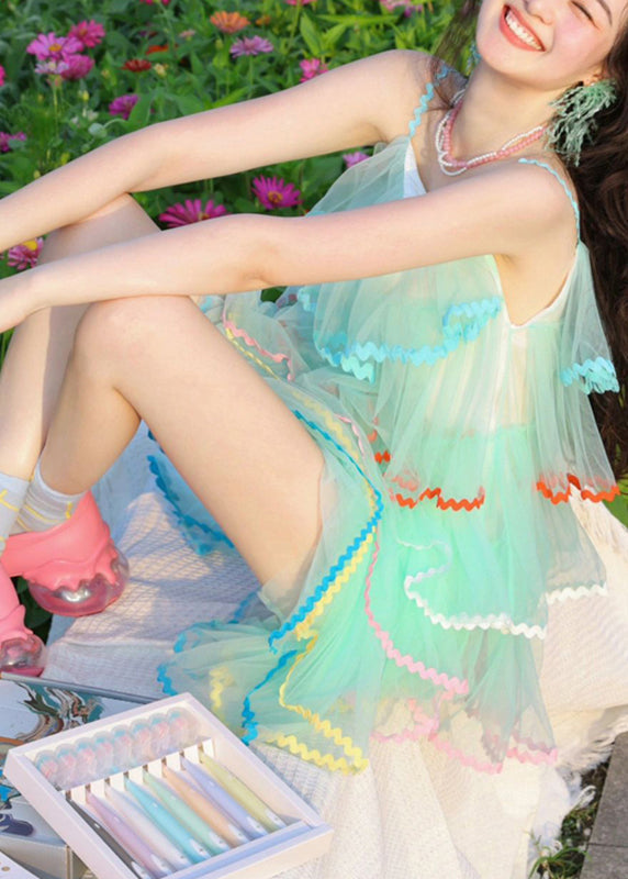 Blue Slash Neck Patchwork Spaghetti Strap Cake Dress Summer