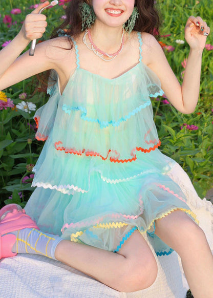 Blue Slash Neck Patchwork Spaghetti Strap Cake Dress Summer