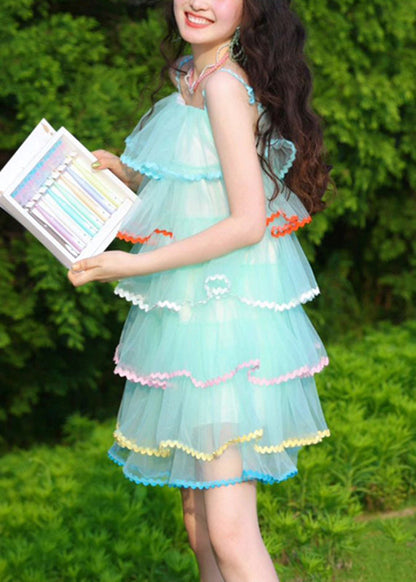Blue Slash Neck Patchwork Spaghetti Strap Cake Dress Summer