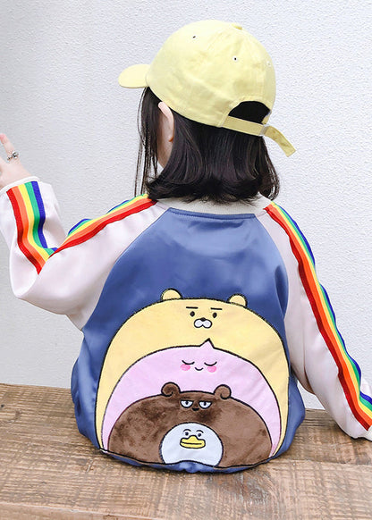 Blue Zip Up Pockets Patchwork Cotton Kids Coat Outwear Fall