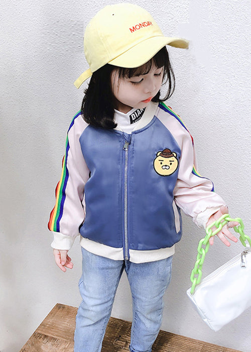 Blue Zip Up Pockets Patchwork Cotton Kids Coat Outwear Fall