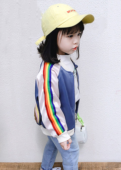 Blue Zip Up Pockets Patchwork Cotton Kids Coat Outwear Fall