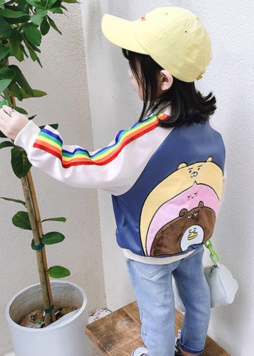 Blue Zip Up Pockets Patchwork Cotton Kids Coat Outwear Fall