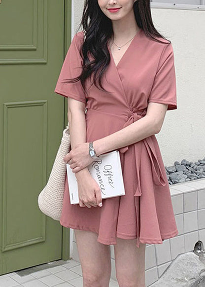Brick Red Bow Tie Waist Mid Dress Summer