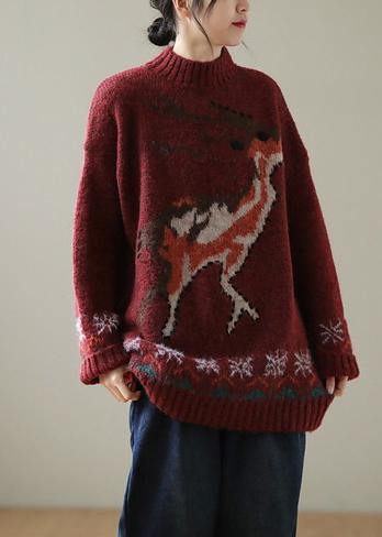 Burgundy Deer Design Knit Top Silhouette High Neck Knitwear