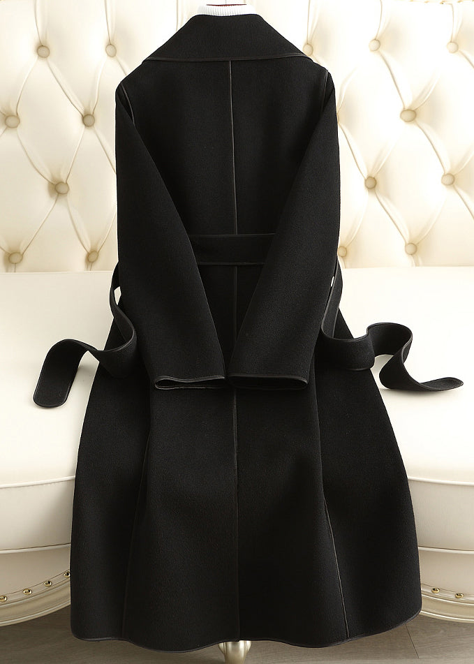 Camel Notched Patchwork Tie Waist Woolen Long Coats Fall