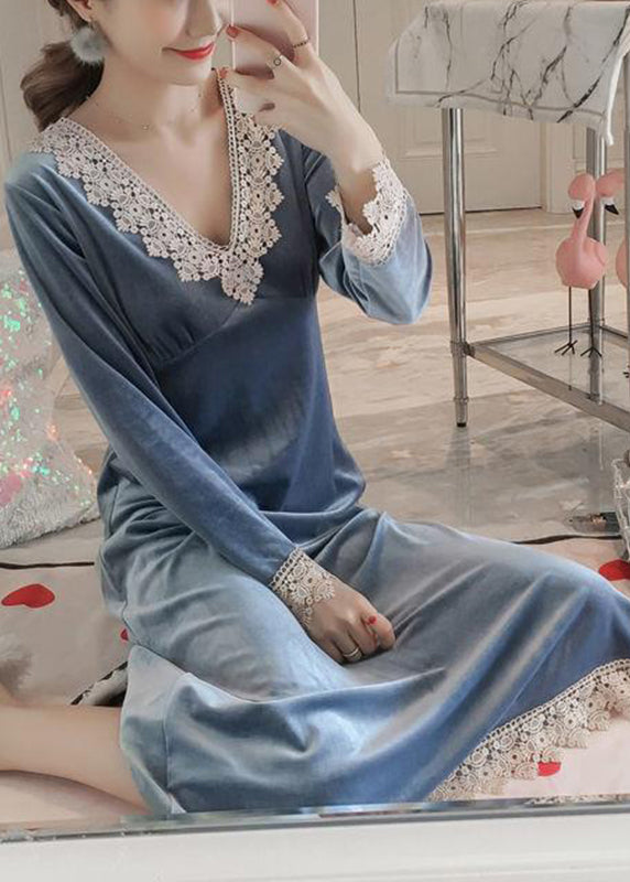 Cemeo V Neck Lace Patchwork Silk Velour Dress Long Sleeve