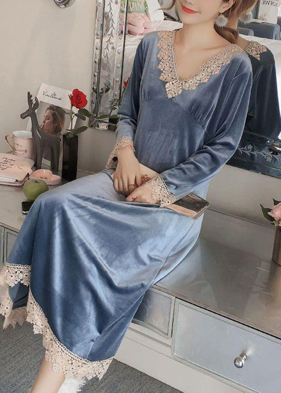 Cemeo V Neck Lace Patchwork Silk Velour Dress Long Sleeve
