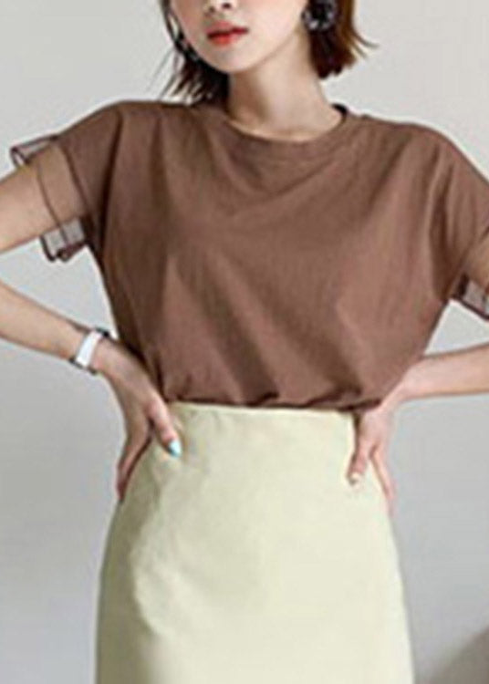 Chocolate O-neck Tulle Patchwork Ruffled Cotton T Shirts Short Sleeve