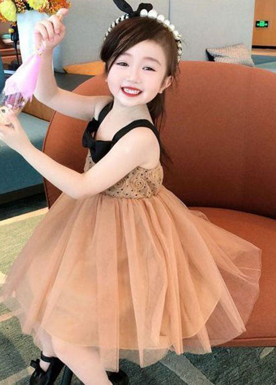 Coffee Bow Wrinkled Patchwork Tulle Kids Dresses Summer