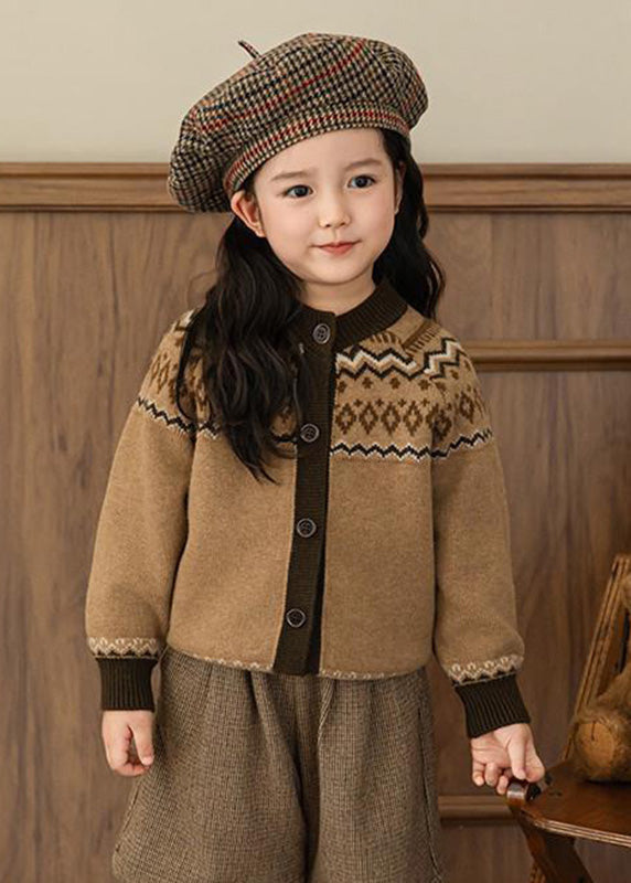 Coffee O-neck Print Cotton Knit Cardigans Spring