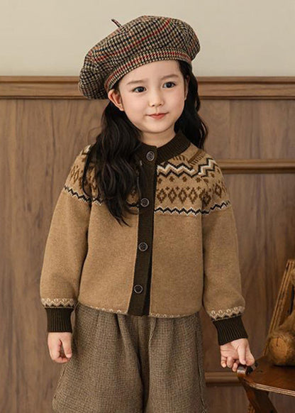 Coffee O-neck Print Cotton Knit Cardigans Spring