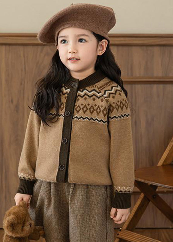 Coffee O-neck Print Cotton Knit Cardigans Spring