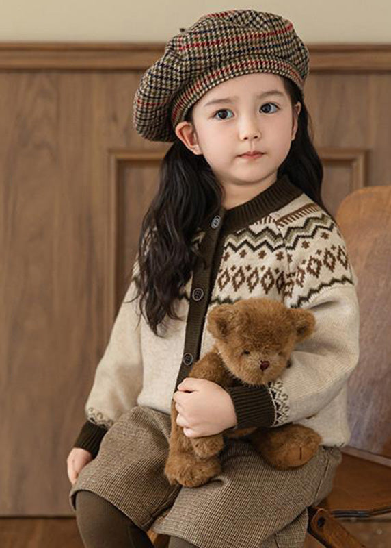 Coffee O-neck Print Cotton Knit Cardigans Spring