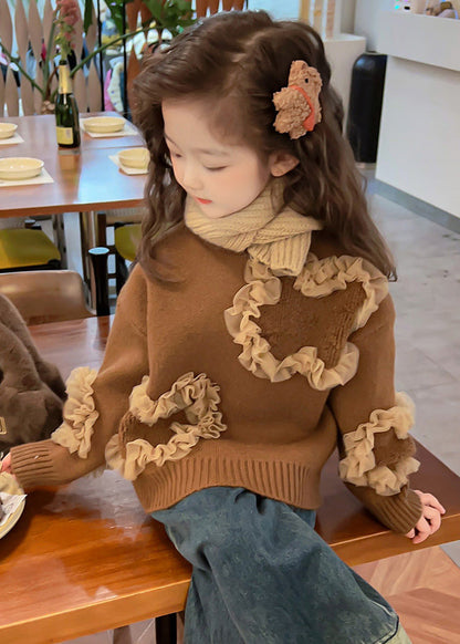 Coffee O-neck Tulle Patchwork Cotton Knit Sweaters Spring