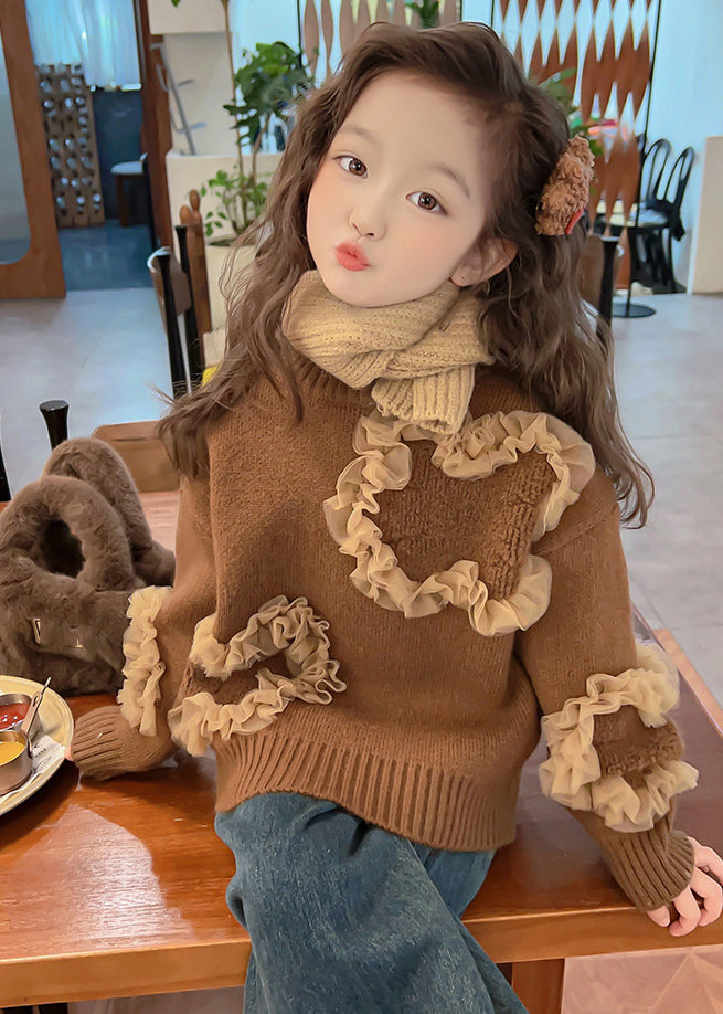 Coffee O-neck Tulle Patchwork Cotton Knit Sweaters Spring