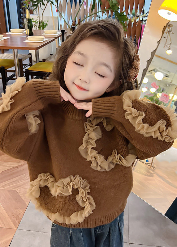Coffee O-neck Tulle Patchwork Cotton Knit Sweaters Spring