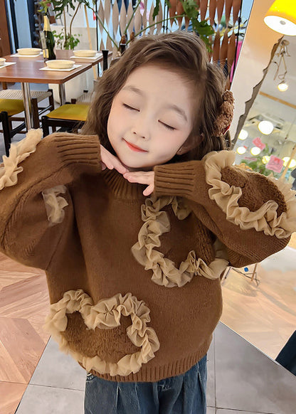 Coffee O-neck Tulle Patchwork Cotton Knit Sweaters Spring