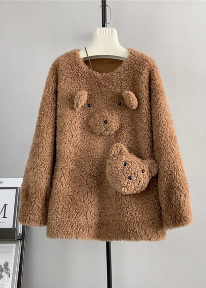 Coffee O Neck Wool Loose Teddy Bear Winter Pullover