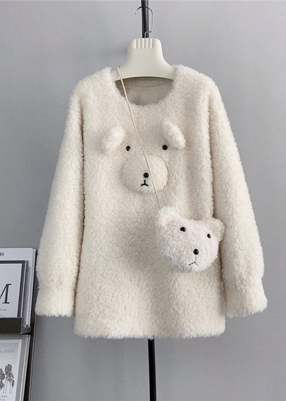Coffee O Neck Wool Loose Teddy Bear Winter Pullover