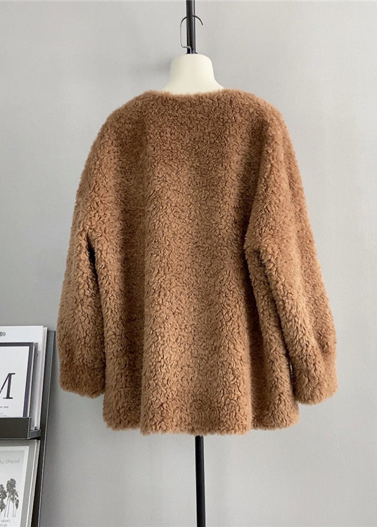 Coffee O Neck Wool Loose Teddy Bear Winter Pullover