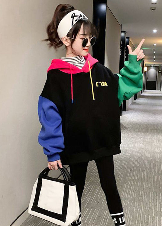 Colorblock Hooded Print Patchwork Cotton Sweatshirt Winter