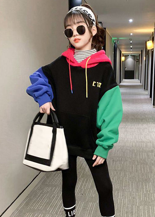 Colorblock Hooded Print Patchwork Cotton Sweatshirt Winter
