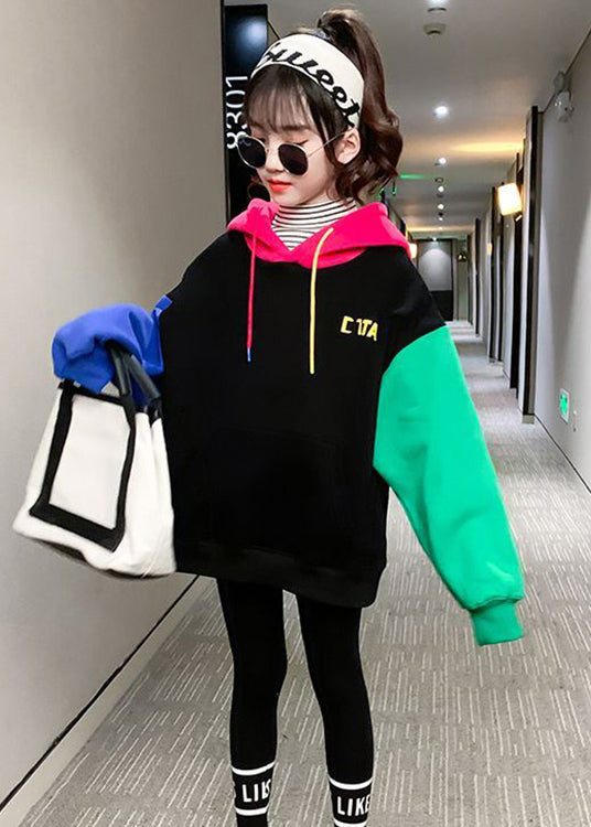 Colorblock Hooded Print Patchwork Cotton Sweatshirt Winter