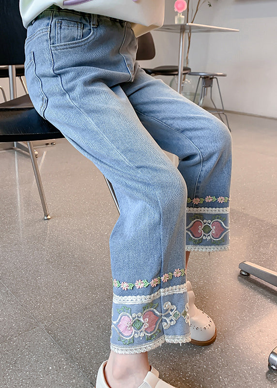 Denim Blue Pockets Kids Straight Pants Spring