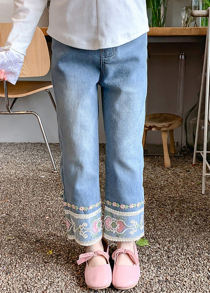 Denim Blue Pockets Kids Straight Pants Spring