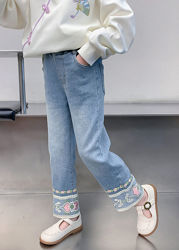 Denim Blue Pockets Kids Straight Pants Spring