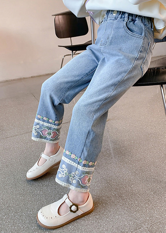 Denim Blue Pockets Kids Straight Pants Spring