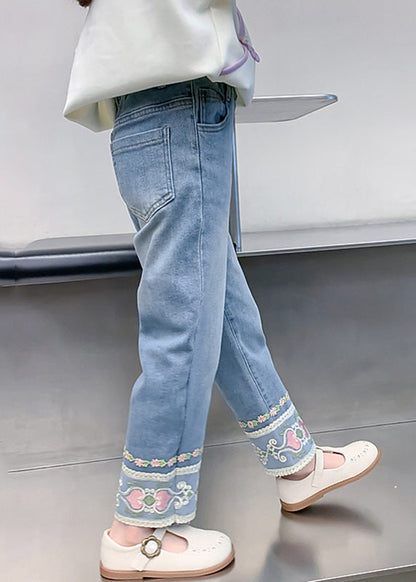 Denim Blue Pockets Kids Straight Pants Spring