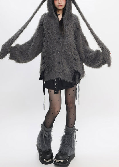 Dull Grey Hooded Rabbit Faux Mink Hair Knit Loose Coat Winter