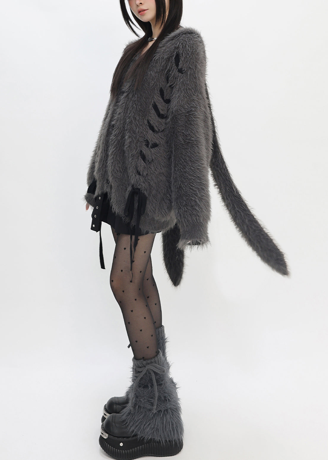 Dull Grey Hooded Rabbit Faux Mink Hair Knit Loose Coat Winter