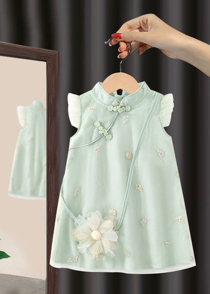 Green Embroideried Button Long Dresses Summer