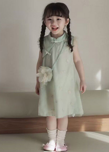Green Embroideried Button Long Dresses Summer