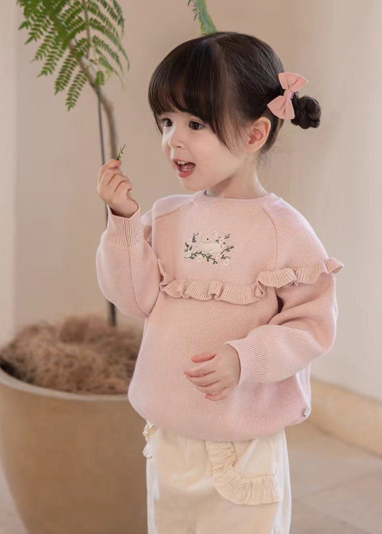 Green Embroideried Ruffled Patchwork Cotton Knit Knit Sweaters Spring